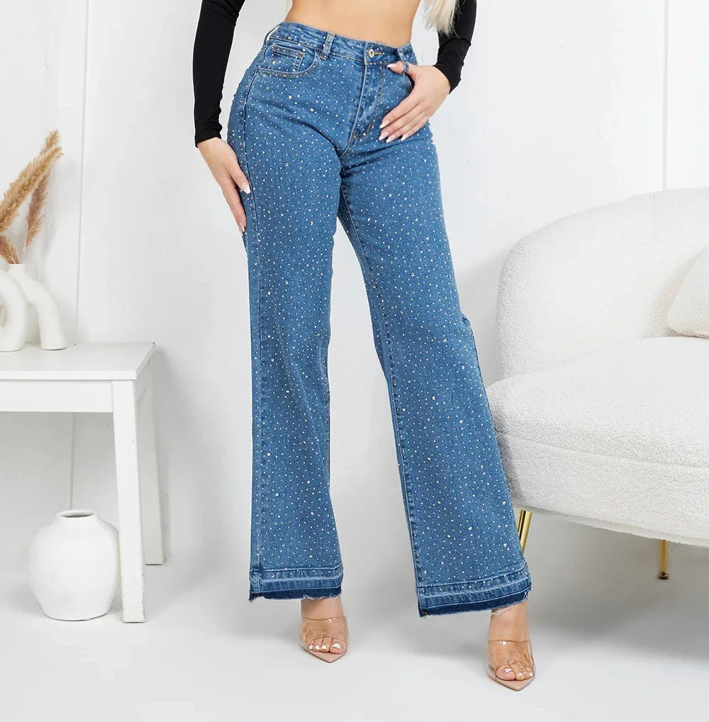 Rhinestone Denim Straight Jeans