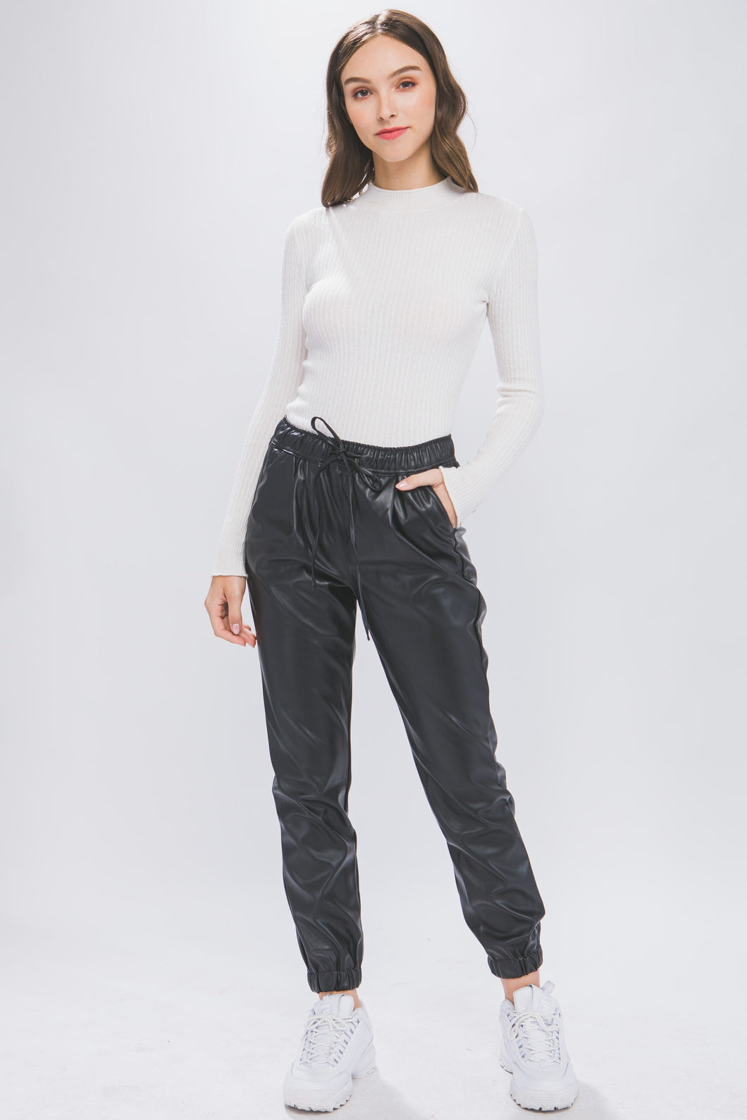 Jet Black Faux Leather Jogger Pants