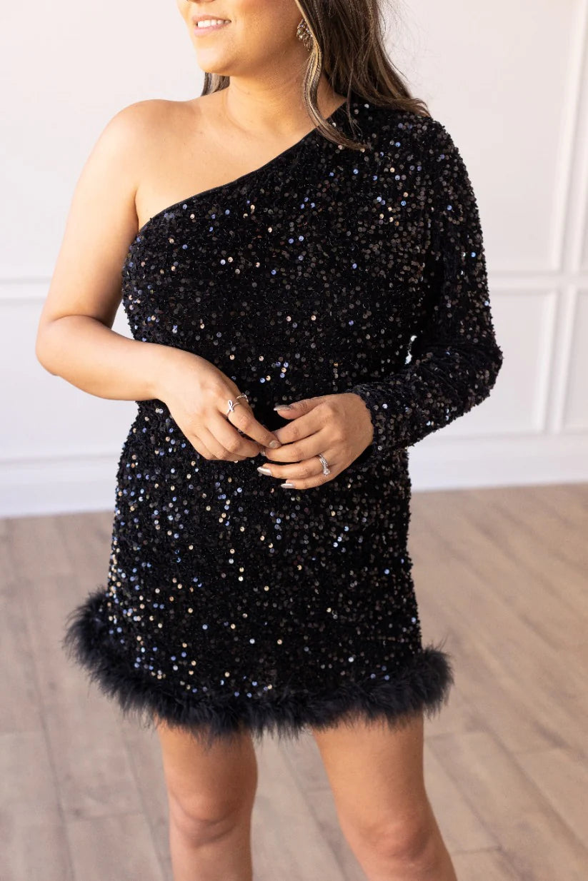 Black Feathered Sequin Dress