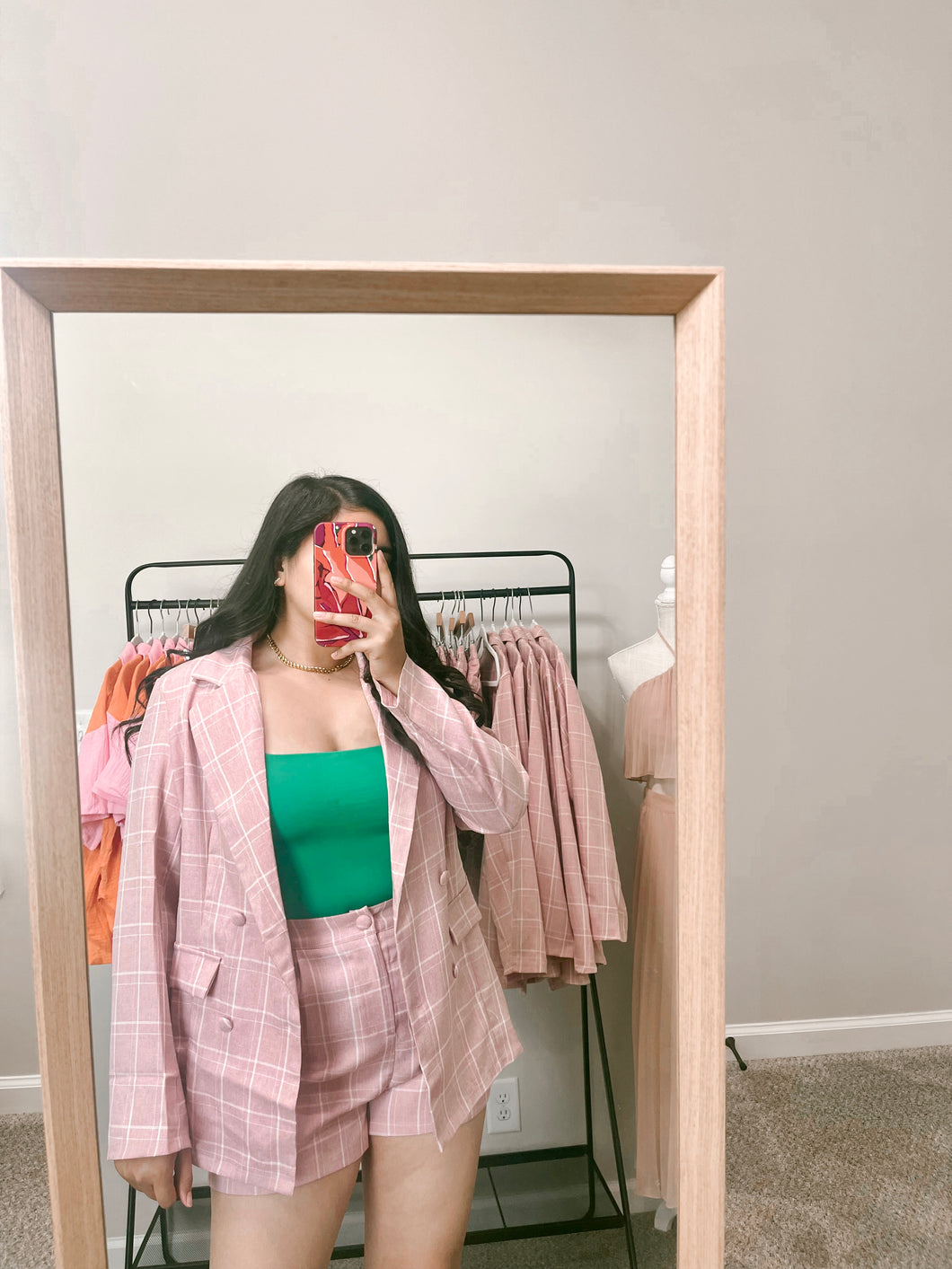 Blush Plaid Oversize Blazer & Shorts Set